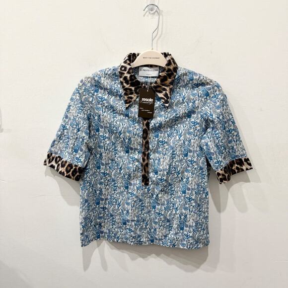 La Prestic Ouiston Mixed Pattern Collared Polo Shirt Blue/Leopard Women's 1 / S - Picture 1 of 4